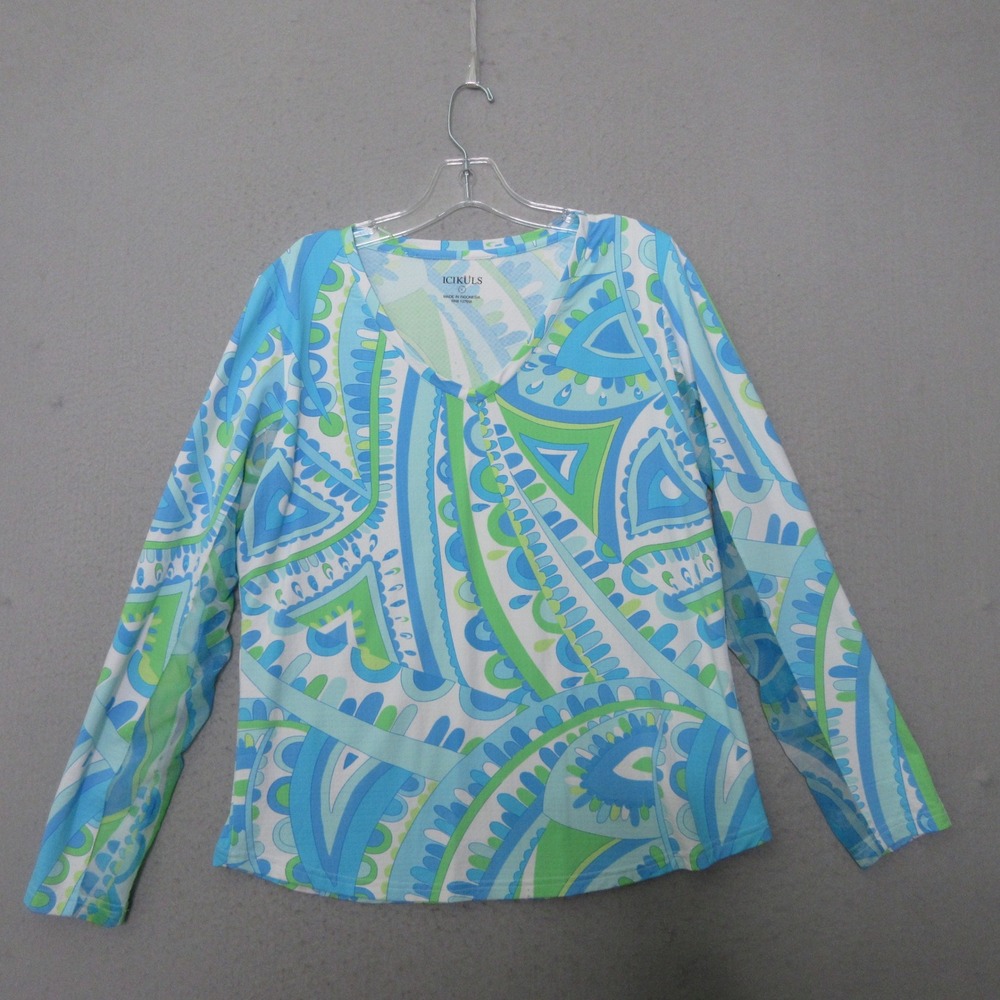ICIKULS Top Paisley Blue Green Mesh Sun Shirt Colorful Beach Vacation Outdoor